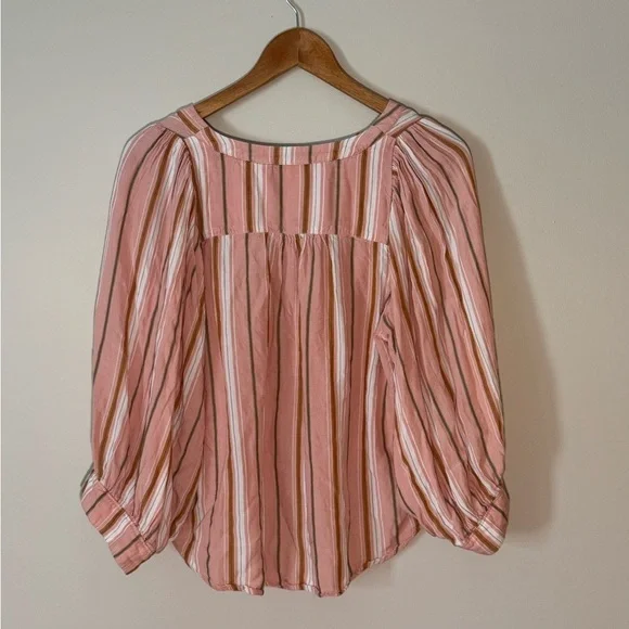 Anthropologie Maeve Byron Striped Balloon Sleeve Boho Top Pink Rose Women Med - Picture 2 of 9
